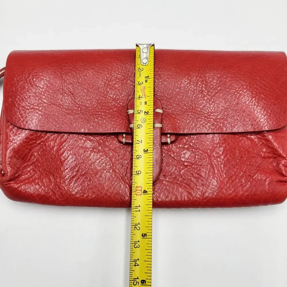 Fredd + Basha Red Leather Embroidered Daisy Snap Button Closure Accordion Wallet